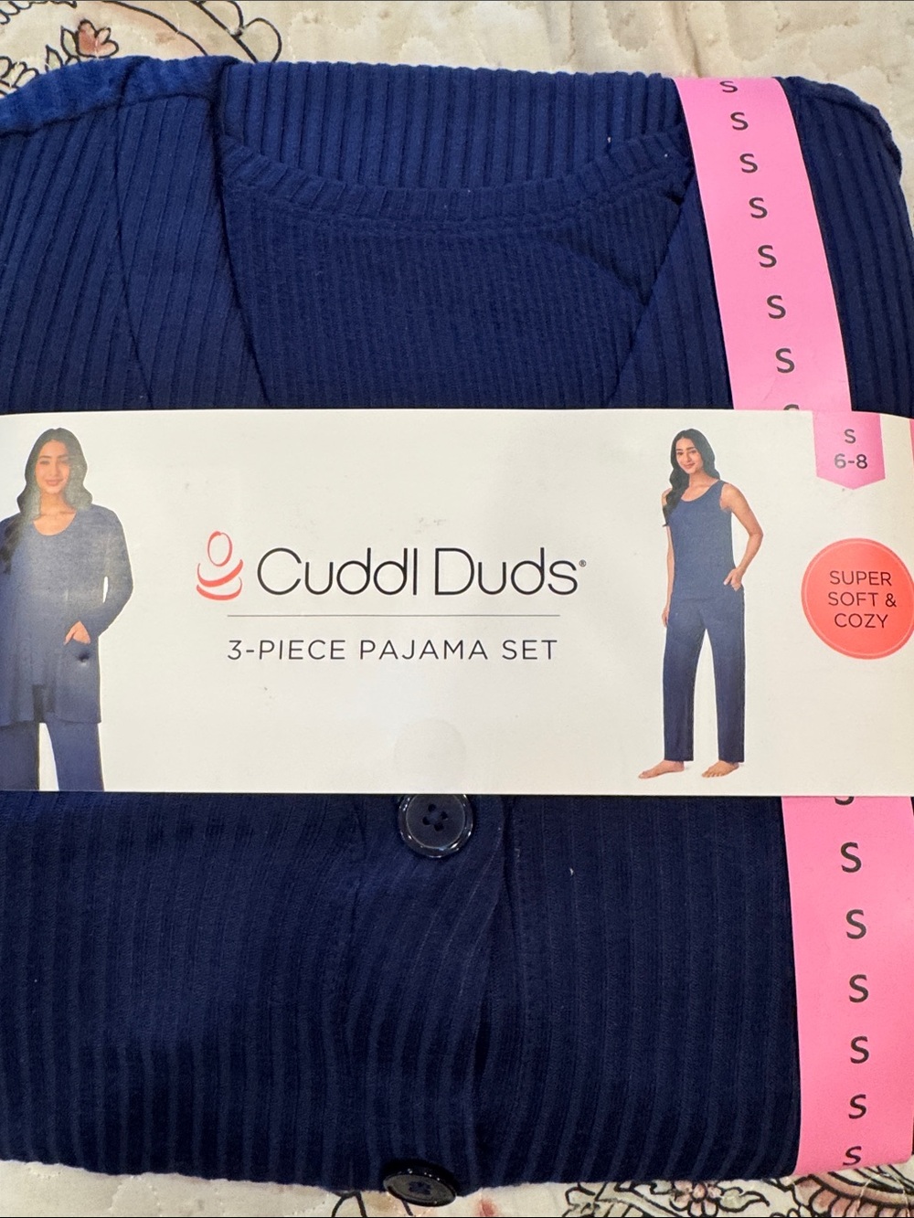 Cuddl Duds Navy Ribbed 3-Piece Pajama Set - Women's